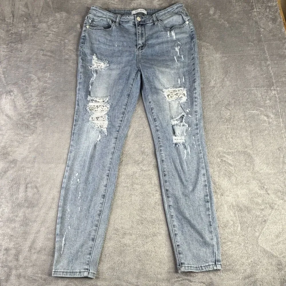 Judy Blue Jeans Womens 13 Distressed Skinny Light Wash Denim Lace Patch Ripped‎